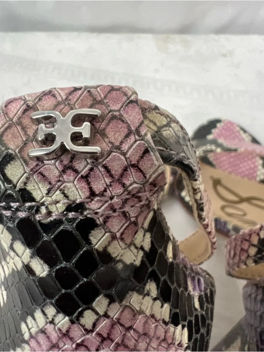 Sam Edelman Yaro Sandals Snakeskin 4” Block Heel Ankle Strap Black Pink Purple 7